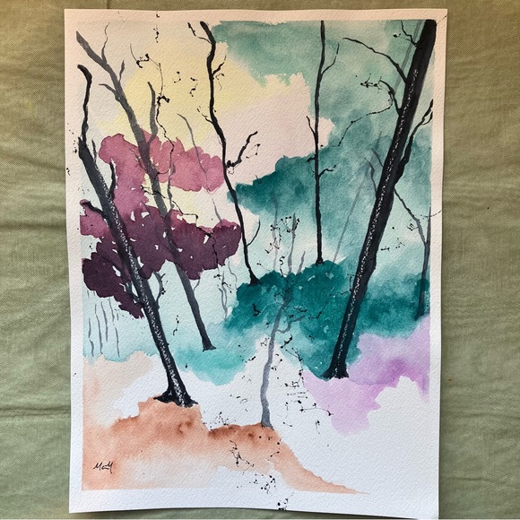 Watercolor Semi Abstract Landscape Wall Art Framed in Acid Free Art Kit, 11x14" - Picture 3 of 5